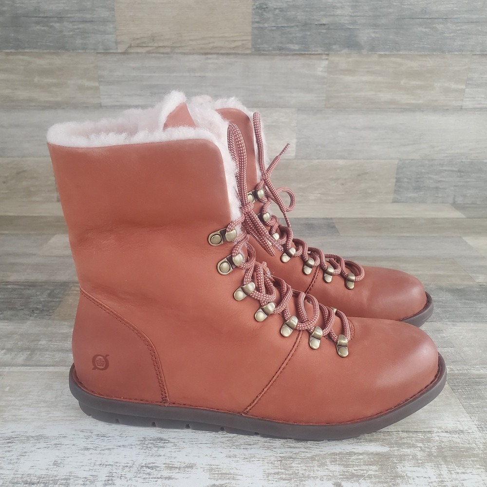 Born Blaine Shearling Booties Womens 10.5 Brown Leather Lace-Up Ankle Boots